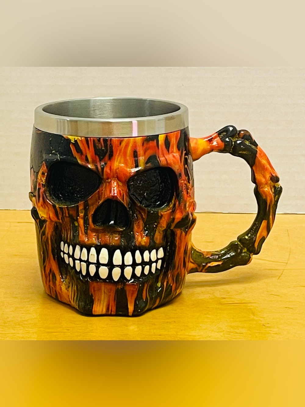 3D Sculpted Skull Face & Bone Novelty Mug Flame Effect, Halloween Gothic Biker